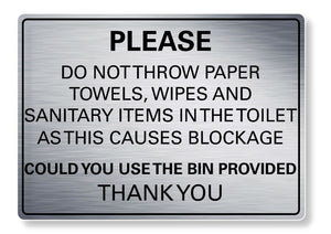 METAL SIGN Please do not throw paper towels Waterproof Silver Gold